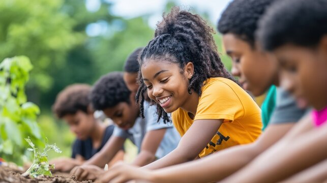 An inspiring image of a diverse group of African American students working together on a community service project, reflecting youth empowerment and collaboration. 