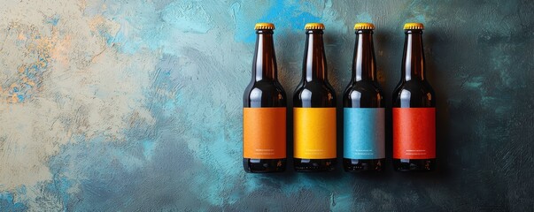 Four craft beer bottles with colorful labels on a textured background, ideal for beverage branding and product presentation visuals.