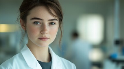 Fototapeta premium Close-up portrait of a young woman scientist wearing a white coat, her expression focused and determined. 