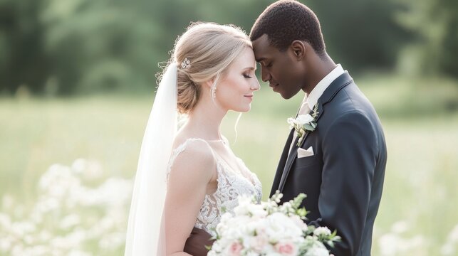 An elegant wedding portrait featuring an interracial couple, with the bride and groom holding hands and looking into each other's eyes. - Powered by Adobe