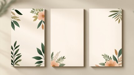 Three elegant wedding invitation cards with pastel watercolor flowers, white background, minimalist design, soft pink and green hues, very realistic