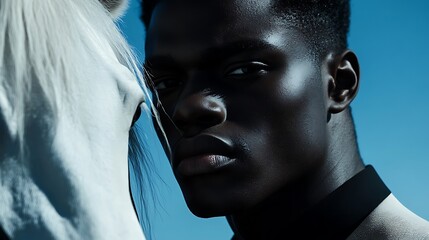 A young man with a serious expression stands close to a white horse.