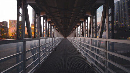 Fototapeta premium stunning view of bridge showcasing symmetrical perspective, leading towards bright horizon. urban setting is enhanced by surrounding buildings and warm lighting
