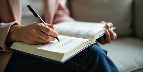 Person Writing in a Notebook with Focused Hand Close-Up  
