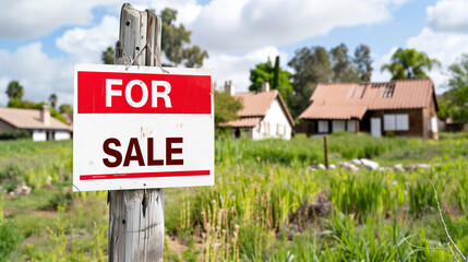 Obraz premium For Sale Sign in Front of Houses on Market Real Estate Listing with Beautiful Landscape