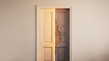 door split into two halves reveals cracked surface on one side, symbolizing contrast and change. warm light from open side adds sense of hope and possibility