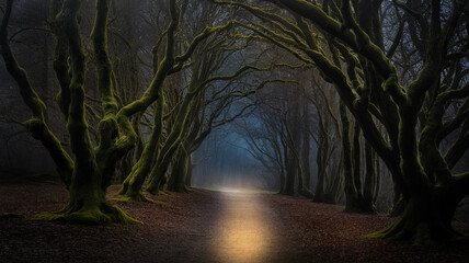 Obraz premium dark, mysterious forest with twisted trees and glowing path creates enchanting atmosphere. interplay of shadows and light evokes sense of wonder and intrigue