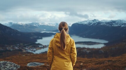 Naklejka premium A female tourist standing and looking on the Norway landscape, a breathtaking panorama