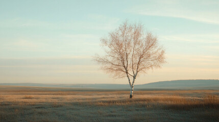 A captivating view of a lone birch tree in a field during sunset, symbolizing solitude and beauty.