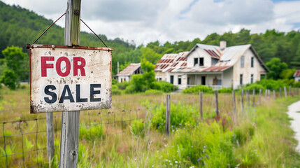 Obraz premium Abandoned house for sale in rural setting with weathered sign and overgrown landscape