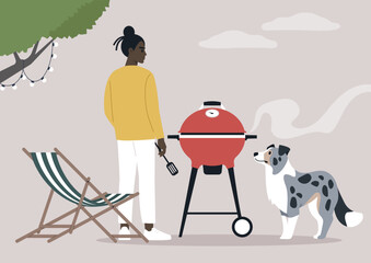 Grilling in the backyard, a person stands in front of a red grill, cooking delicious food while an enthusiastic dog watches eagerly, enjoying the warmth of a sunny afternoon
