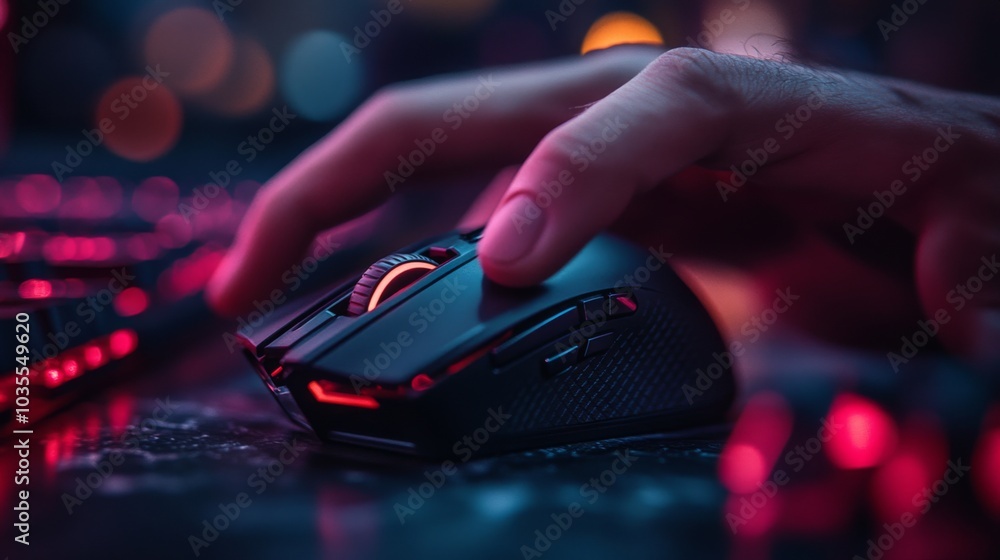 Poster A hand grips a gaming mouse as the gamer focuses on the screen, illuminated by vibrant LED lights. The keyboard glows, adding to the immersive atmosphere of the session.