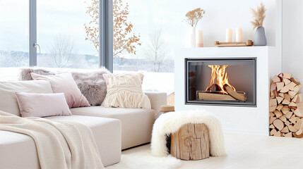 Fireplace in cozy living room with modern design and home interior decor