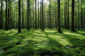 Obraz premium Sunlit Forest Floor with Lush Green Undergrowth and Tall Trees