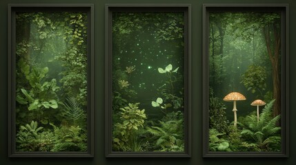 Dark enchanted forest with glowing mushrooms art set of three frames: An eerie forest scene with bioluminescent mushrooms casting a soft green-blue light among twisted, ancient trees, photorealistic