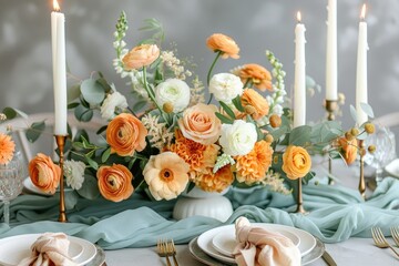 Table Setting with Peach and White Flowers, Candles, and Gold Accents