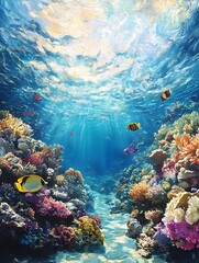 Naklejka premium Vibrant Underwater Coral Reef Teeming with Diverse Aquatic Life