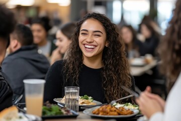 A joyful young woman with flowing hair is captured sharing a meal and laughter with friends in a lively dining setting, portraying friendship and warmth.