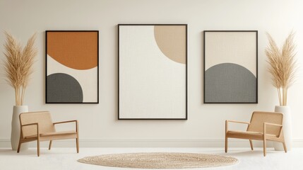 Fototapeta premium Abstract minimalist planets and moons art set of three frames: Simple, abstract shapes representing planets and moons, in shades of soft gray, black, and white, set against a minimalist background,