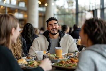 Students engage in animated conversation with plates of diverse and colorful dishes at their table, creating a scene of warmth and community amidst a bustling backdrop.