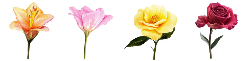 Four colorful flowers on a white isolated background. transparent background