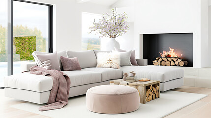 Living room with modern sofa and cozy interior decor including fireplace and stylish accessories