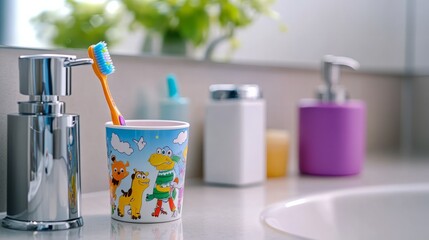 toothbrush on cup in the bathroom