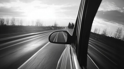 Slow motion Black and white footage of scene of the road through car window.