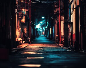 Dimly lit alleyway in an asian city at night with red and blue lights - Aerials