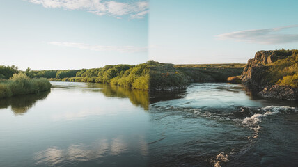 serene landscape featuring river splitting into two, surrounded by lush greenery and rocky formations. calm water reflects clear sky, creating peaceful atmosphere