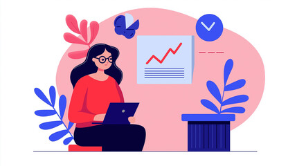 Businesswoman Working on Laptop with Upward Trend Chart