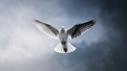 Fototapeta premium white bird with black feathers on one wing is soaring gracefully against dramatic sky, showcasing its majestic wingspan. contrast of colors adds to beauty of this moment