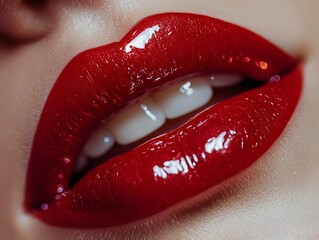Obraz premium Captivating Crimson Lips A Sensual Close Up of Glossy Red Lipstick