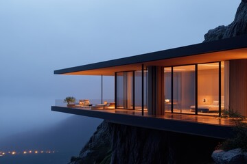 Fototapeta premium This sleek modern glass house is cantilevered over a rocky mountain, offering breathtaking foggy views. The warm interior lights create a cozy, inviting atmosphere.