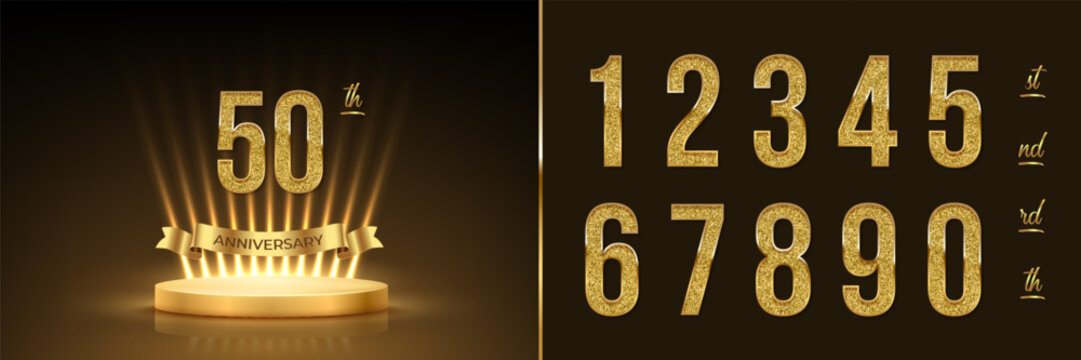 Anniversary gold award podium with glittering numbers set template. Celebration birthday or jubilee golden vector background. Luxury stage with glowing rays, number 50, ribbon with text anniversary.