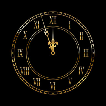 Gold clock face with midnight time. 3d golden watch on black background. Classic vintage luxury elegant roman numeral clock. Realistic vector illustration for new year or Christmas greeting card.