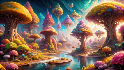 Fototapeta premium A whimsical forest with colorful trees, giant mushrooms, and a winding river, all bathed in a vibrant light.