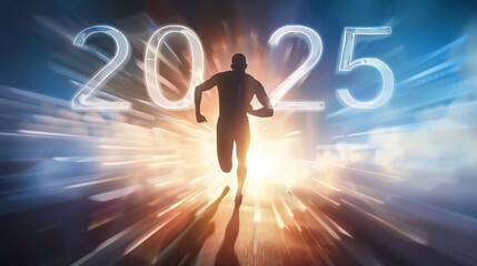 A silhouette of an athlete runs towards the horizon, in the direction of "2025," illuminated by the sunrise, representing new beginnings and hopes for the coming year.