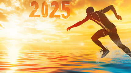A silhouette of an athlete runs towards the horizon, in the direction of "2025," illuminated by the sunrise, representing new beginnings and hopes for the coming year.