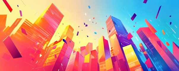 Vibrant abstract cityscape with colorful skyscrapers against a dynamic gradient sky, showcasing modern urban architecture and creative art.
