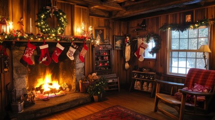 Naklejka premium Christmas cabin decorated with a glowing fire, wreaths, and stockings hanging from the mantel.