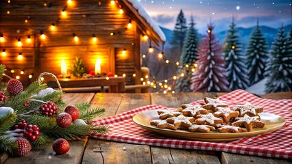 A Festive Table Setting with a Plate of Star-Shaped Cookies, a Snowy Winter Background, and a Rustic Wooden Cabin in the Distance