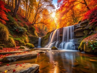 Stunning Autumn Waterfall Scene with Cascading Water and Colorful Leaves