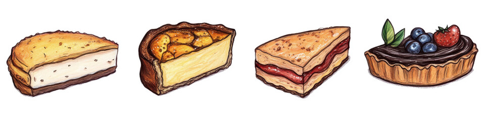 A variety of delicious dessert slices on a white isolated background. transparent background