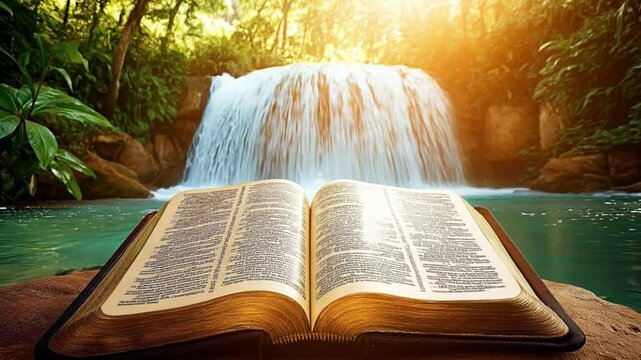 Open Bible illuminated by sunlight with waterfall in background. Catholic faith visualized with scripture and nature's serenity. Catholic religious video.