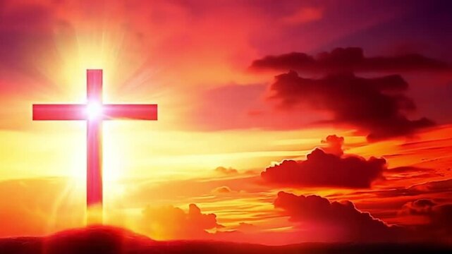 Cross glowing at sunset with radiant light and colorful sky. Catholic religious video. Symbol of faith with glowing cross against sunset backdrop.
