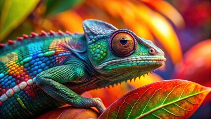 A Vivid Chameleon Resting on a Vibrant Leaf, Its Skin Shimmering with a Multitude of Colors, Capturing the Essence of Nature's Beauty