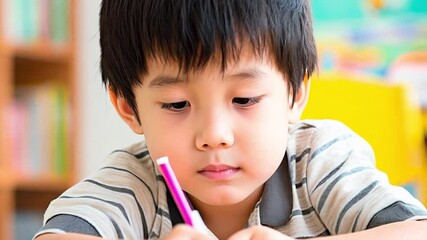Focused young Asian boy engaged in creative drawing at home or classroom. Asian child concentrating while writing with pencil in colorful learning space.