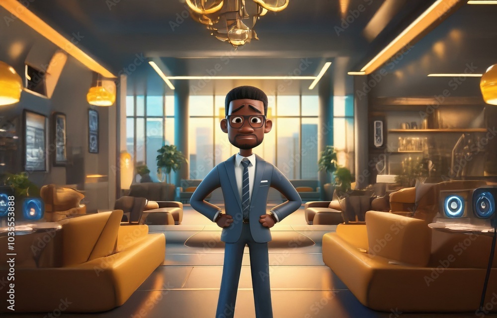 Poster a 3d animated man in a suit and glasses stands in a modern lounge with large windows and soft lighti