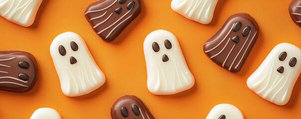 Cute ghost-shaped chocolates on an orange background, perfect for Halloween treats.